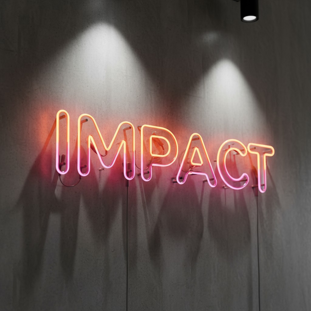 A neon sign displaying "IMPACT" in pink and yellow on a gray wall.