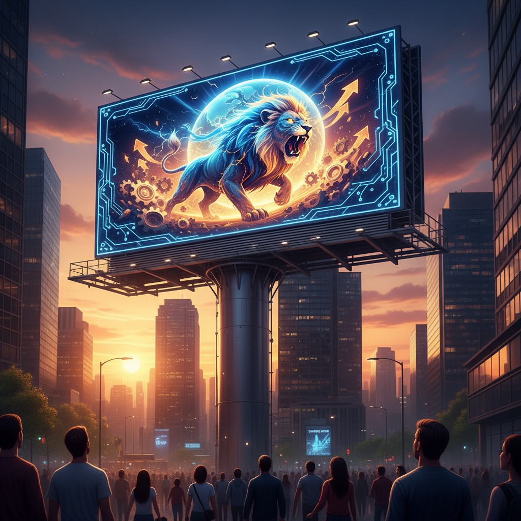 A large digital billboard in an urban setting displaying a blue lion standing on top of mechanical gears in front of a pla...