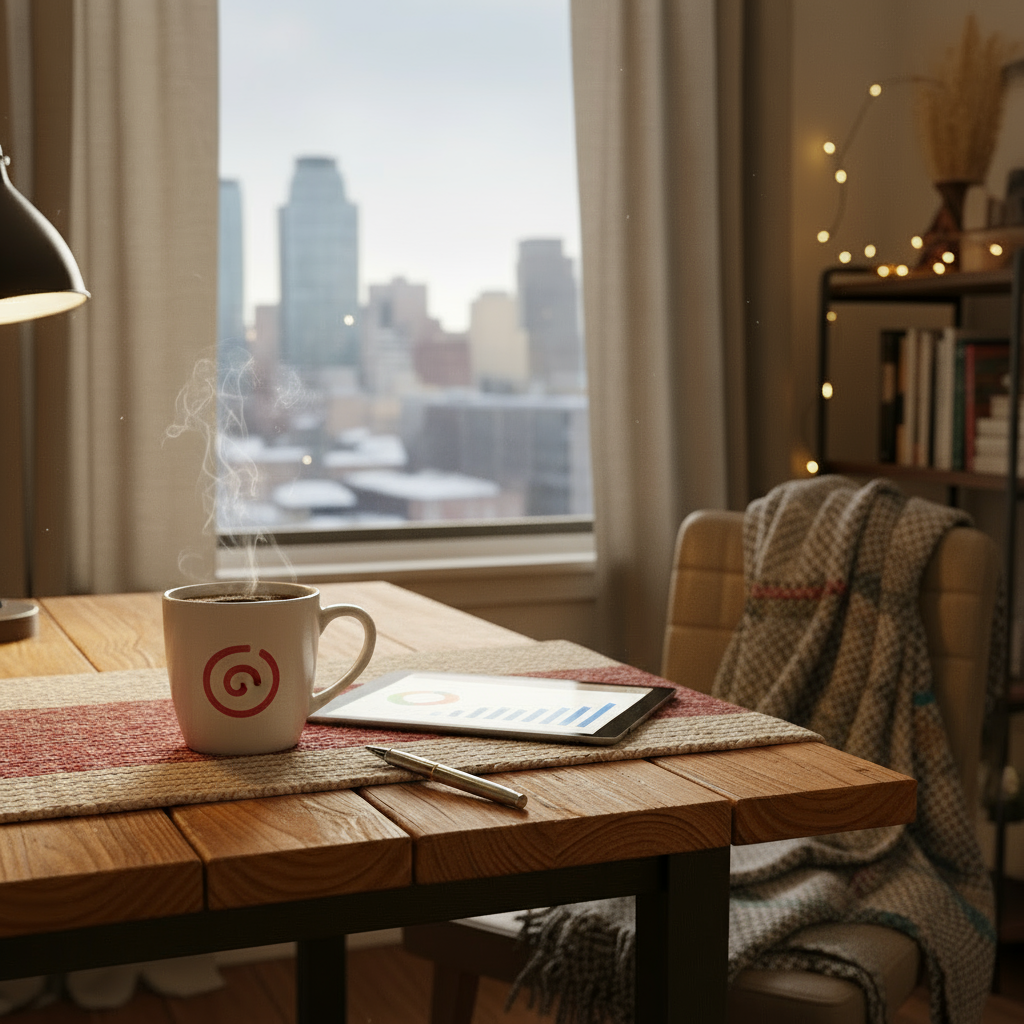 a coffee mug on a cozy table in a small business office with a tablet and pen; warm inviting atmosphere, but exclude any Canada flag or maple leaf symbols