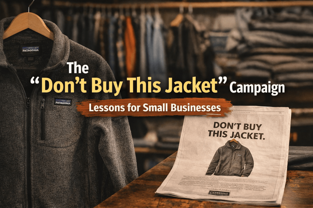 Patagonia “Don’t Buy This Jacket” campaign featured in a Black Friday newspaper ad, highlighting brand storytelling and trust-based marketing for SMBs.